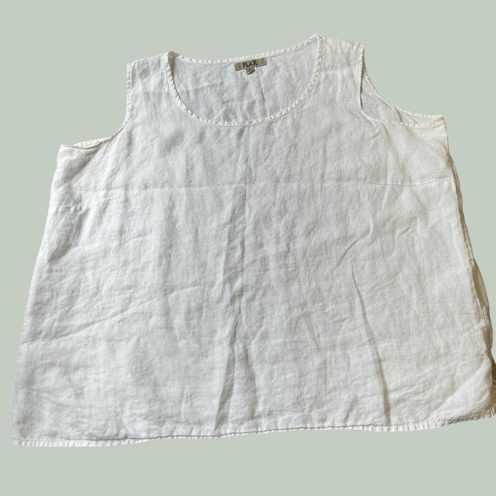 FLAX Linen Tank Top 3G White Sleeveless Scoop Neck Lagenlook - Picture 3 of 6